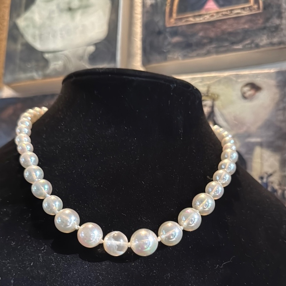 Vintage Hand-Knotted‎ Faux Pearl Necklace – Sterling Silver Filigree Clasp